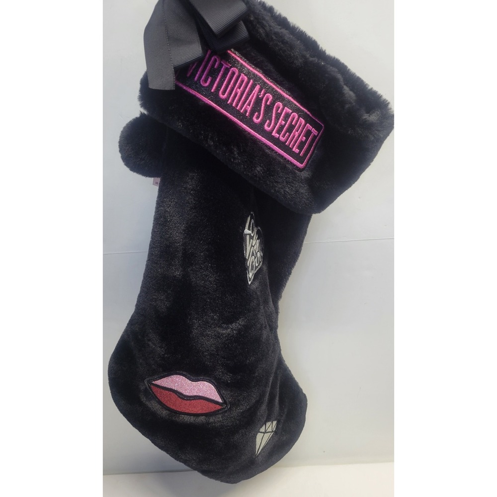 NWT Victoria's Secret Black Faux Fur Christmas Stocking Lips Heart Diamond Bow
